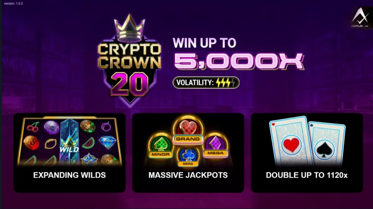 Tampilan visual slot Crypto Crown 20 dengan simbol neon dan latar belakang futuristik