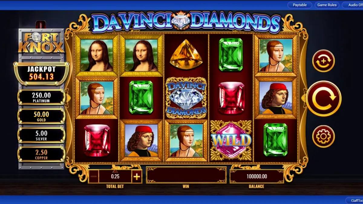 Fort Knox Da Vinci Diamonds slot machine interface with Renaissance art and vault theme