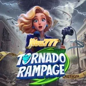 Tampilan layar permainan slot Tornado Rampage dengan gulungan berbentuk corong dan simbol reporter berita